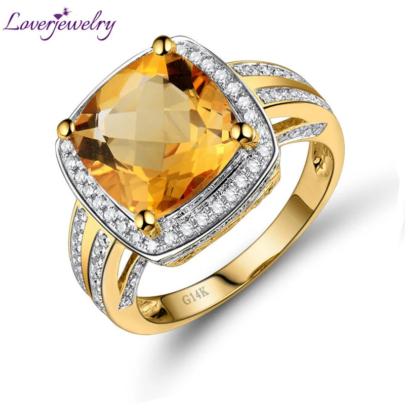 

LOVERJEWELRY Yellow Citrine Rings Vintage Cushion 10x10mm 14kt Yellow Gold Natural Diamonds кольцо Anniversary Ring For Lady