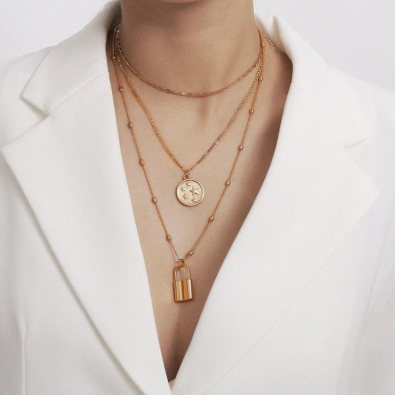 Ожерелье многослойное с подвеской замок женское объемное колье в стиле хип-хоп