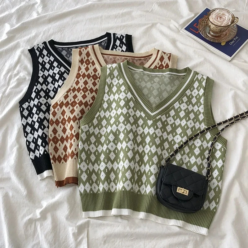 

Винтажный свитер с треугольным вырезом, жилет, женский черный клетчатый вязаный короткий свитер без рукавов, повседневные Осенние Топы в ст...