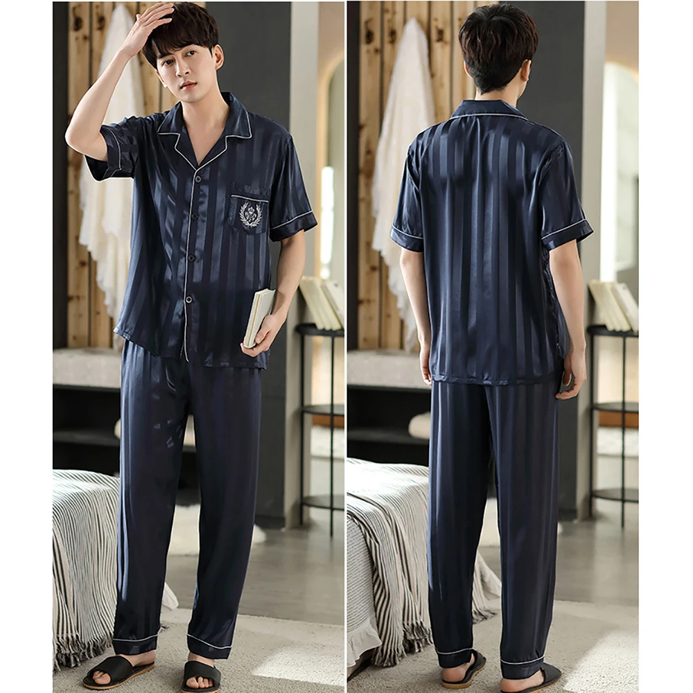 Summer Satin Silk Pajama Sets High Quality Skin-friendly Men Pajama Fashion Striped Pajamas With Embroidery Pocket Pyjama Sets