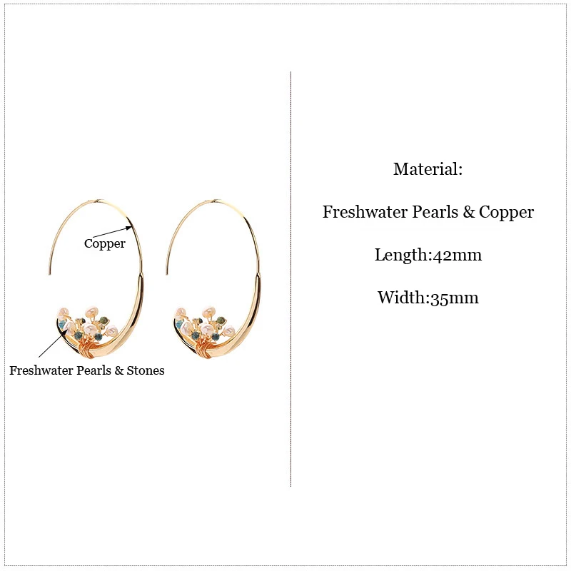 New Arrival Bohemia Woman's Hoop Earrings with White Freshwater Pearls Natural Stones for Woman Best Gift Size 42*35mm | Украшения и