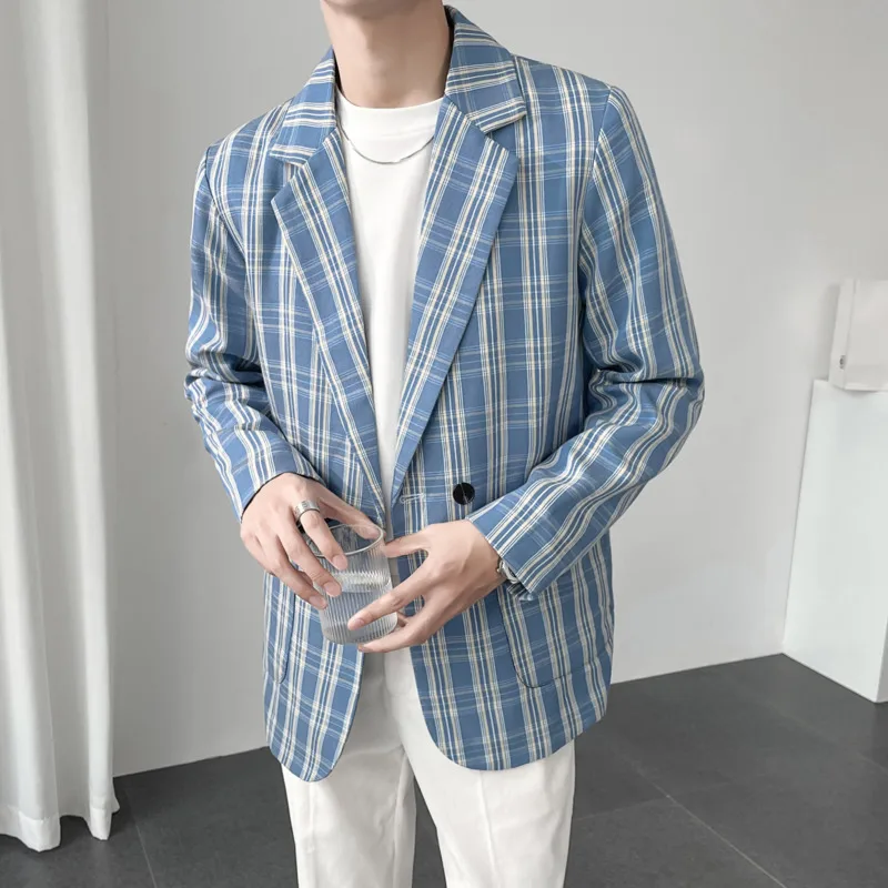 

Plaid Blazer Men Slim Fashion Business Society Mens Dress Jacket Korean Casual Suit Jacket Men Office Formal Outwear Jacket