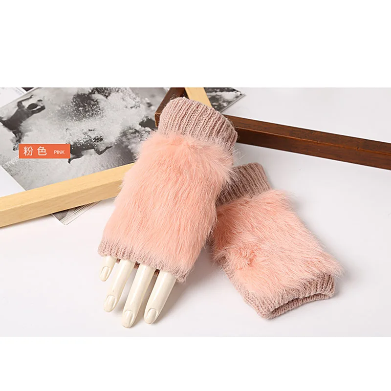 Women Rabbit. Fur Mitten Plush Glove Costume Cute Winter Warm Half Finger Gloves Women Female Gloves Mitten keep warm