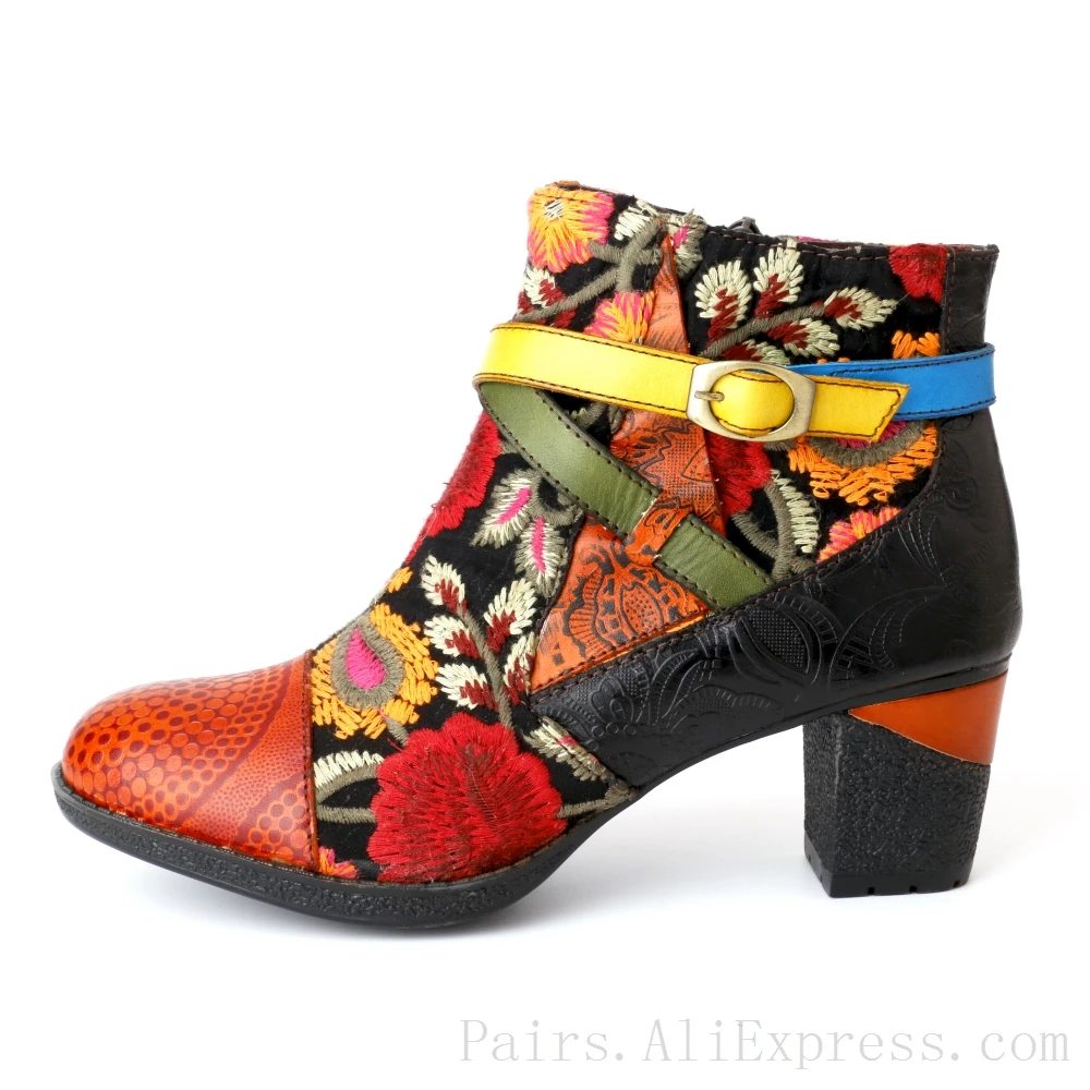 

Ботинки женские из натуральной кожи, на высоком каблуке 6 см, с вышивкой