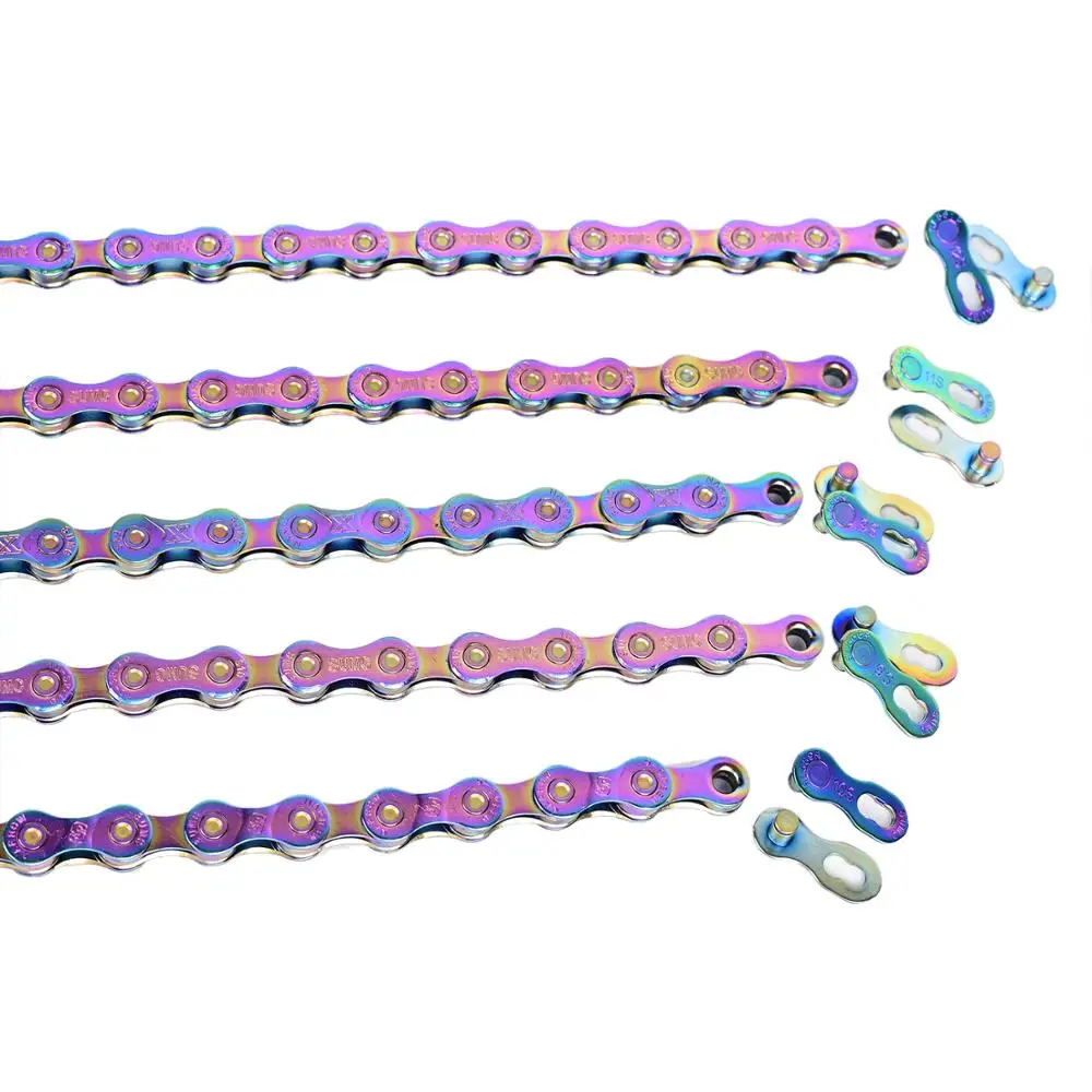

Multi-Colored 9/10/11/12 Speed Bicycle Chain - Rainbow Hollow Semi-Hollow Magic Buckle Road Bike MTB Compatible 116/126L