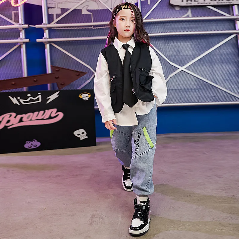 

Танцевальная одежда в стиле хип-хоп для мальчиков, Детская летняя свободная футболка с длинными рукавами, жилет, джинсовые брюки, Детская ул...