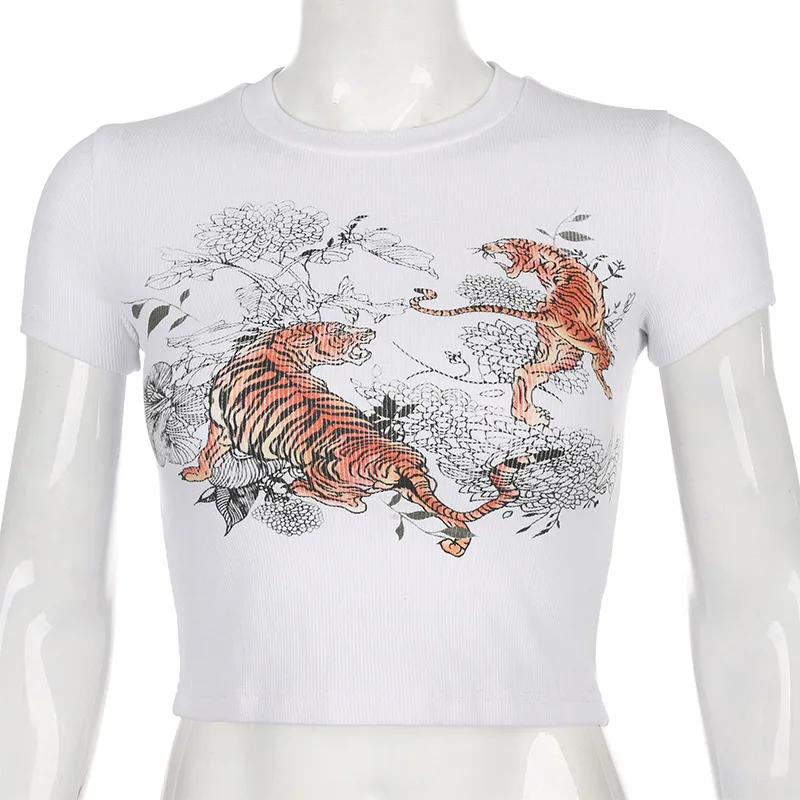 

Harajuku Ribbed Tight Printing Crop Tops O-neck Short Sleeve Skinny White T-shirts Vintage Summer Tops Streetwear
