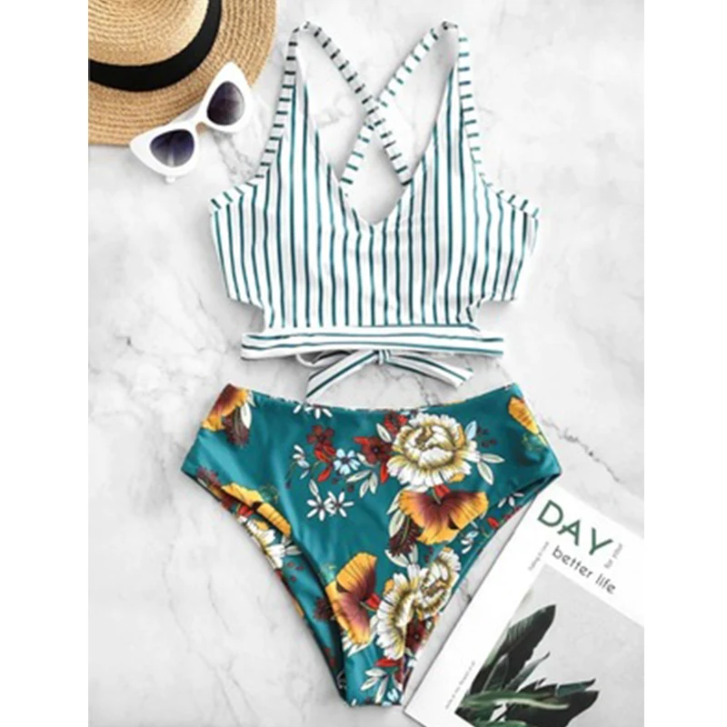 

2021 Summer Beach High waist bikini Bodysuit Women's Small Fresh Skinny Sexy Striped Split Halter Bikini