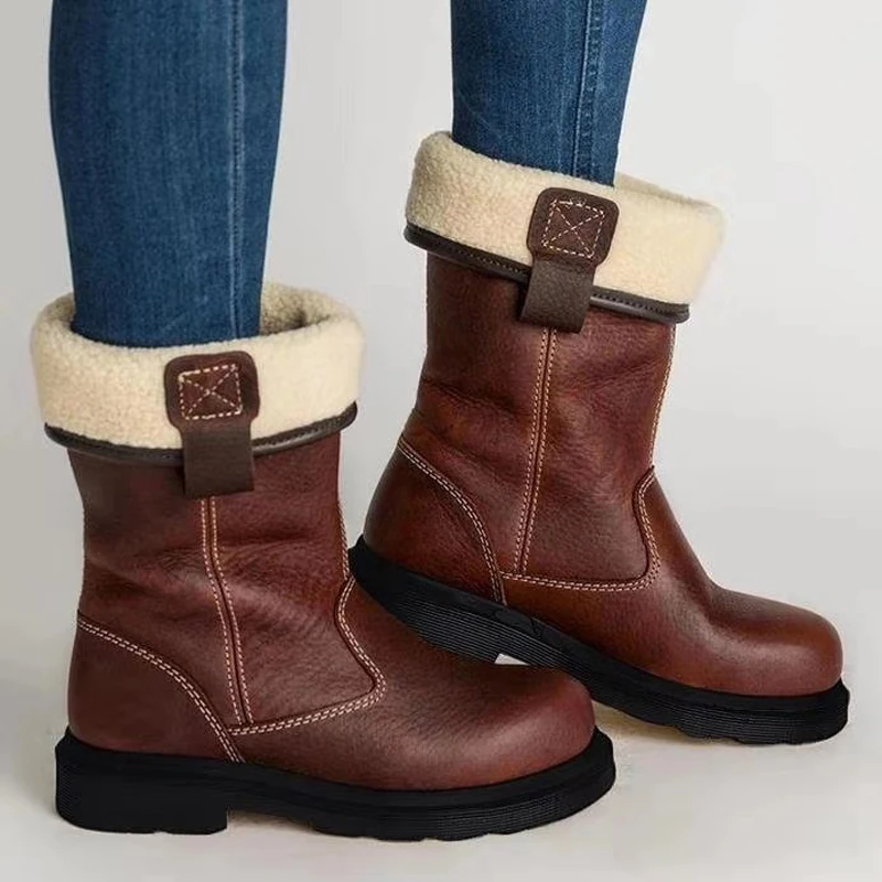 

Women Winter Fur Warm Snow Boots Ladies Mid-calf Booties Boot Comfortable Solid Shoes Round Toe Slip-on Female Boots Plus Size