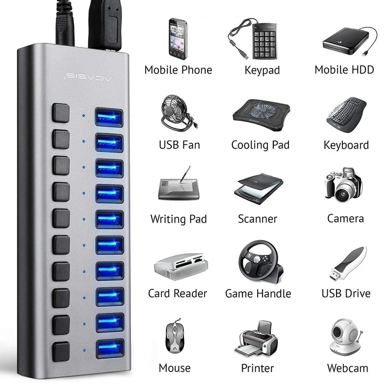 Концентратор Usb 3 0 10 портов разветвитель для ноутбука Macbook ПК быстрой зарядки