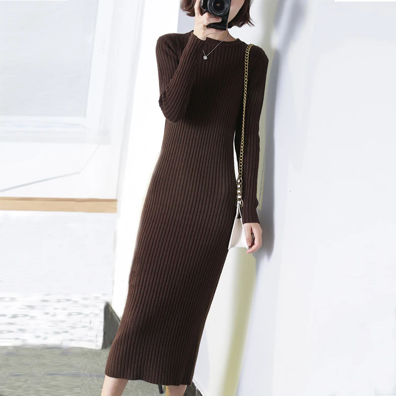 Длинное платье свитер для женщин тонкий пуловер одежда с круглым вырезом теплое