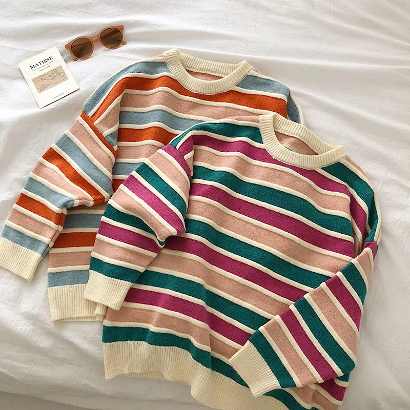 

New Women Stripe Sweater Autumn Winter Loose Long Sleeve Pullover Tops Korean Ladies Knitted Patchwork Korean Sweaters