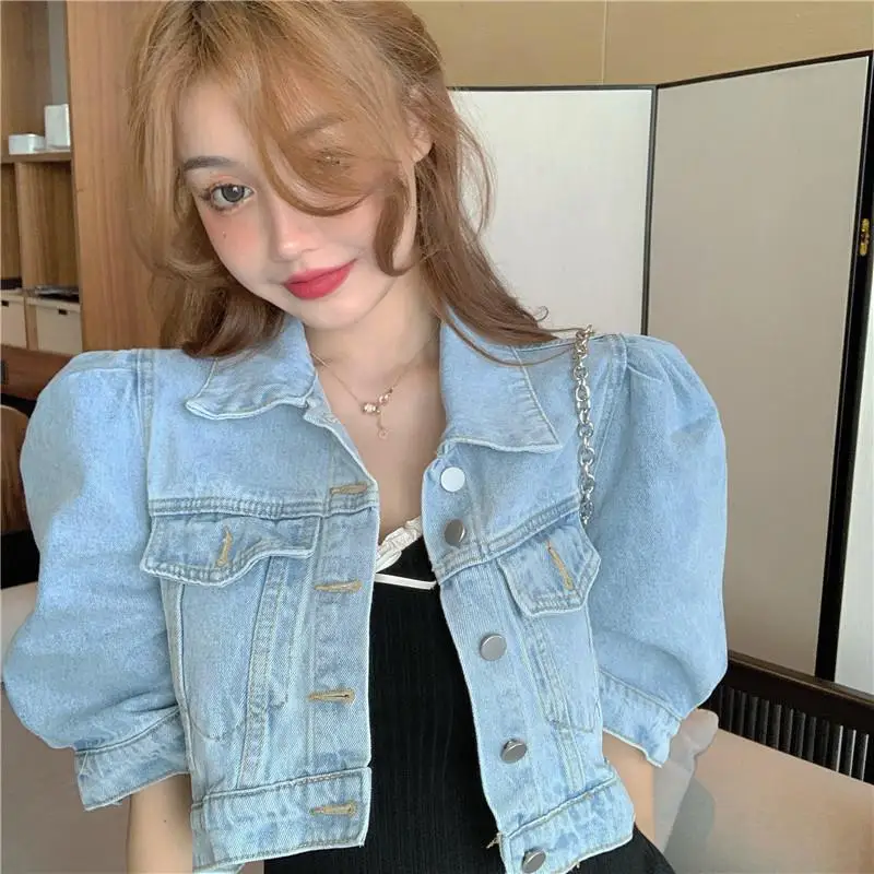 

Vintage Women Puff Sleeve Denim Coats Korean New Fashion Turn-Down Collar Female Jackets 2021 Chic Streetwear Jean Jacket
