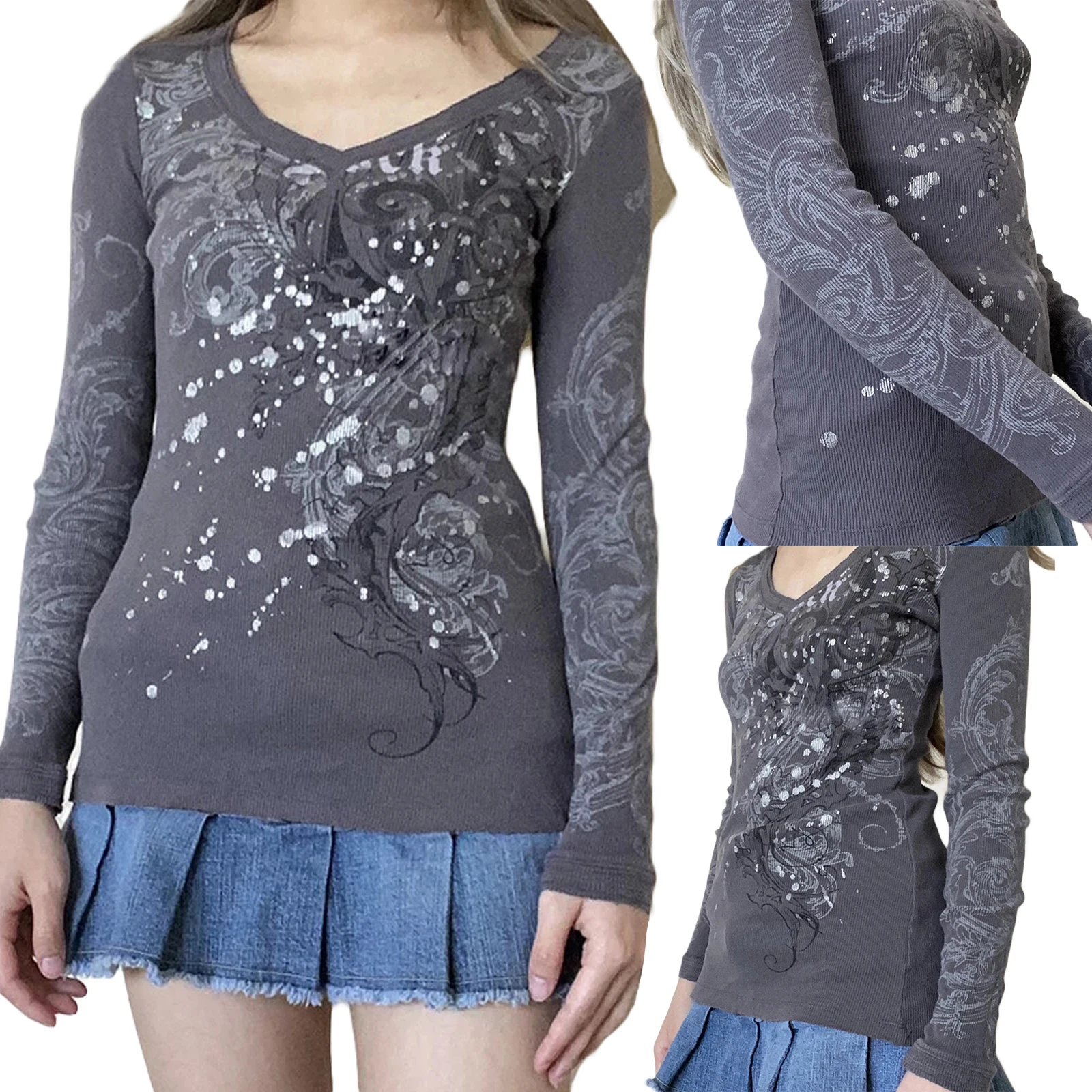 

Женская Осенняя Повседневная футболка с длинным рукавом, Модный пуловер с V-образным вырезом и принтом граффити, топы