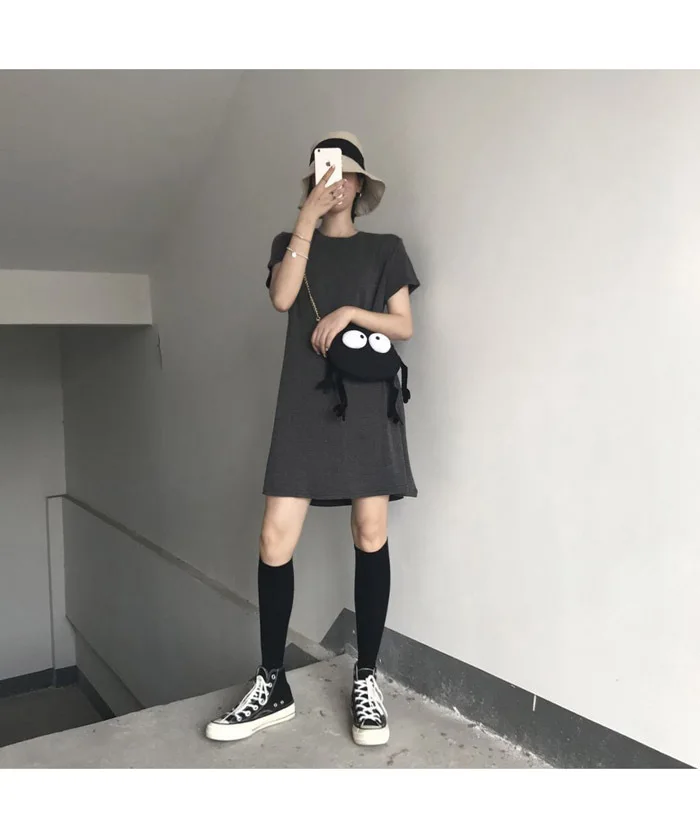 

2020 Summer New Casual Loose Dress Dress Basic Falling Feeling Slim High and Medium Length T-shirt Short-sleeved Dress Fashion