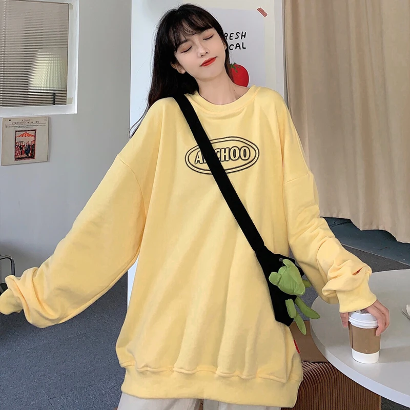 

QRWR 2020 New Women Sweatshirt Autumn Winter Korean Letter Print Pullovers Loose Oversized Fleece O Neck Sweatshirt Women