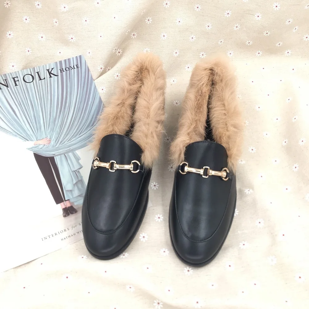 Женская обувь на плоской подошве Junetxin зимняя из натурального кроличьего меха