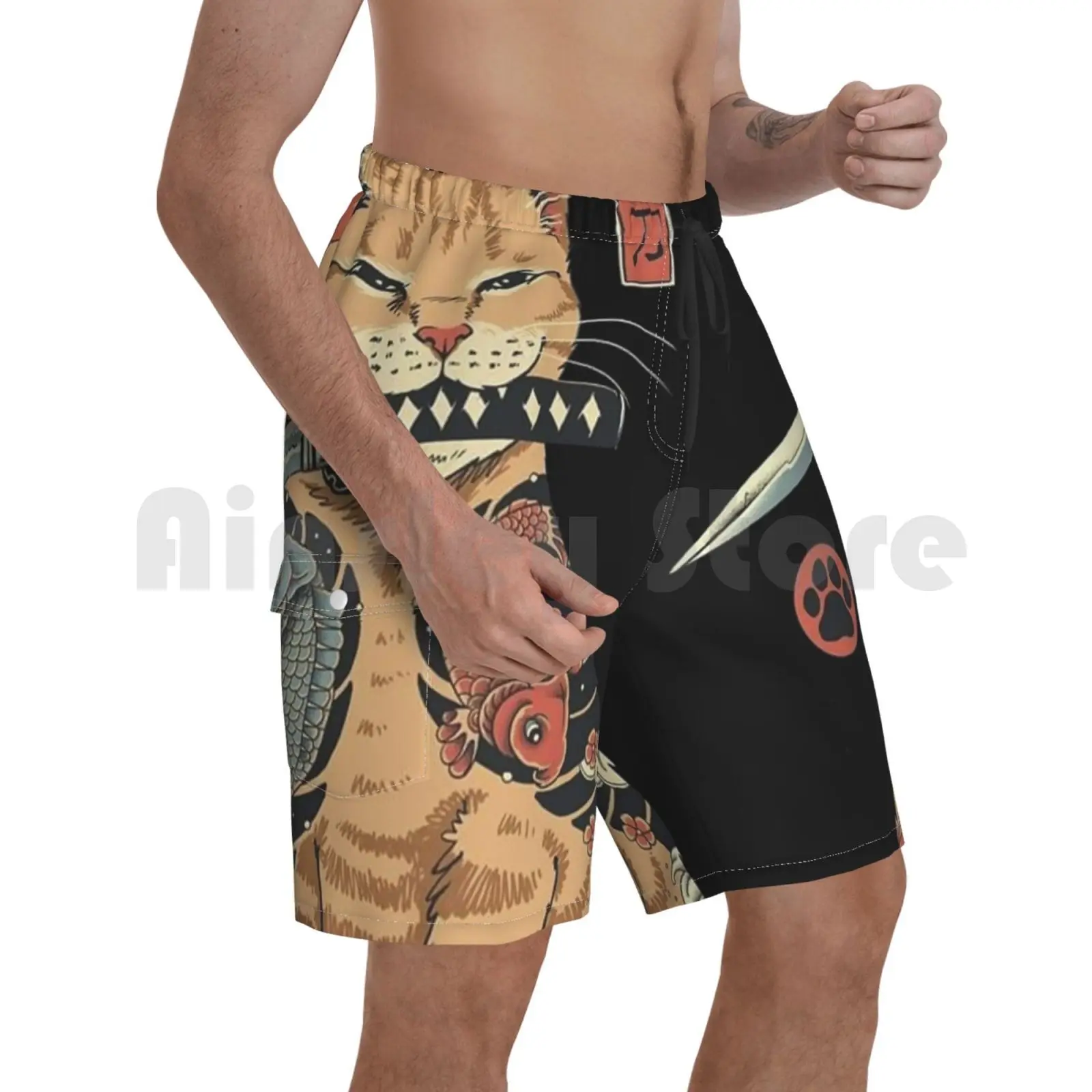 

Catana-Samoura  Cat Beach Shorts Men Beach Pants Swim Trunks Cat Cats Tattoo Yakuza Katana Catana Japanese Japan