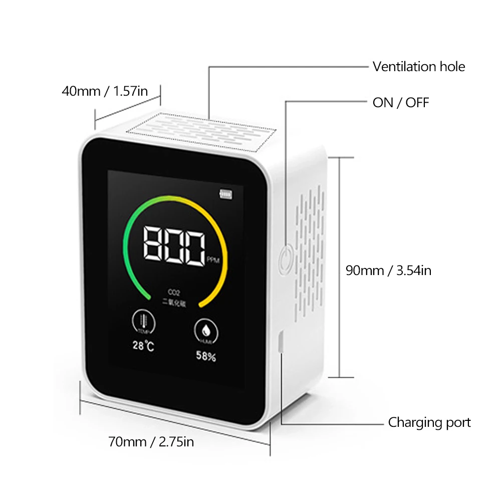 

Carbon Dioxide CO2 Detector Gas Concentration Content Color Screen TFT Intelligent Air Tester Air Quality AnalyzerTemperature