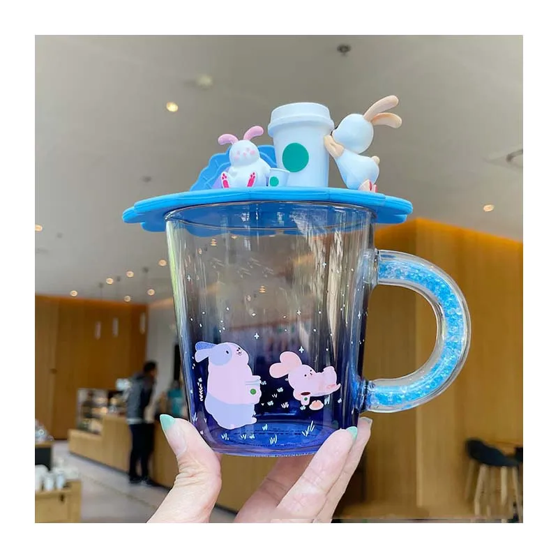 

Star Daddy Blue Moon Rabbit Glass Cup with Diamond Handle with Moon Rabbit Cup Lid with Logo