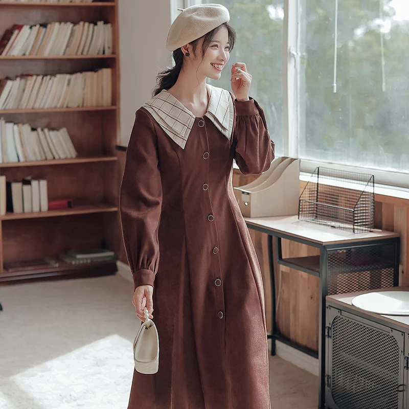 Женское Повседневное платье-трапеция, элегантное облегающее однобортное платье до середины икры с круглым воротником и длинным рукавом, модель V116 на весну и осень, 2021