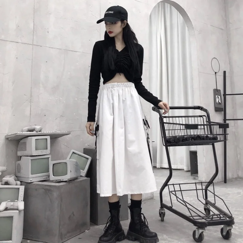 

Skirt 2021 Spring Ins Harajuku Style Workwear Umbrella Skirt Loose Slimming Super Popular Student Pocket Midi A- Line Skirt