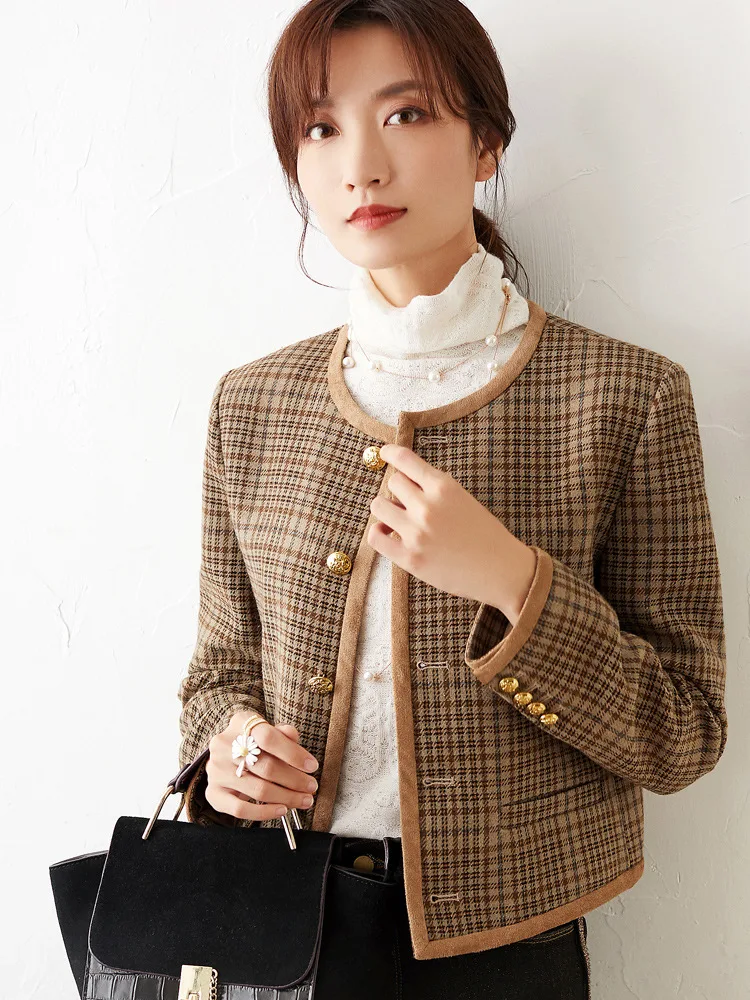 

Brief paragraph female New suede plaid wool woolen cloth coat short checked long sleeved cardigan suit is loose