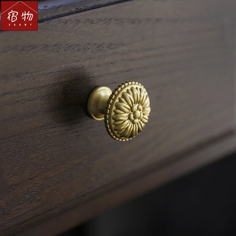 

European American Style Antique Brass Handle Drawer Cabinet Cabinet Door Pure Copper Gold Single Hole Round Handle Door Knob