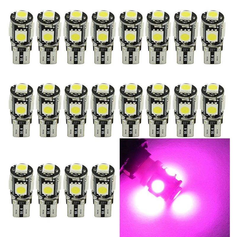 

20PCS Purple T10 W5W 5050 5SMD LED Canbus Error Free Bulbs For 192 168 194 Clearance Lamps License Plate Lights 12V
