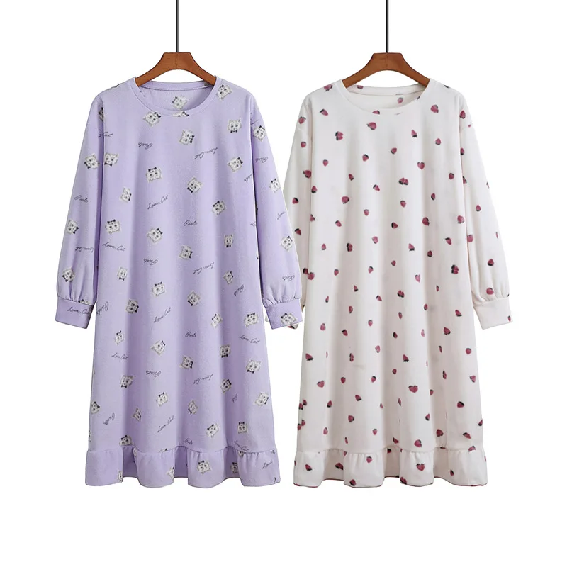 

Nightdress women's fall/winter warmth and loose plus size comfortable leisure sleep Japanese and Korean purple pajamas home serv