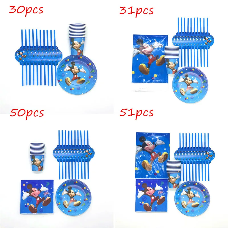 

51 pcs Cartoon Mickey Mouse Birthday Party Decorations Supplies Paper Cup Napkin Plate Tablecloth Straw Wedding Tableware Sets