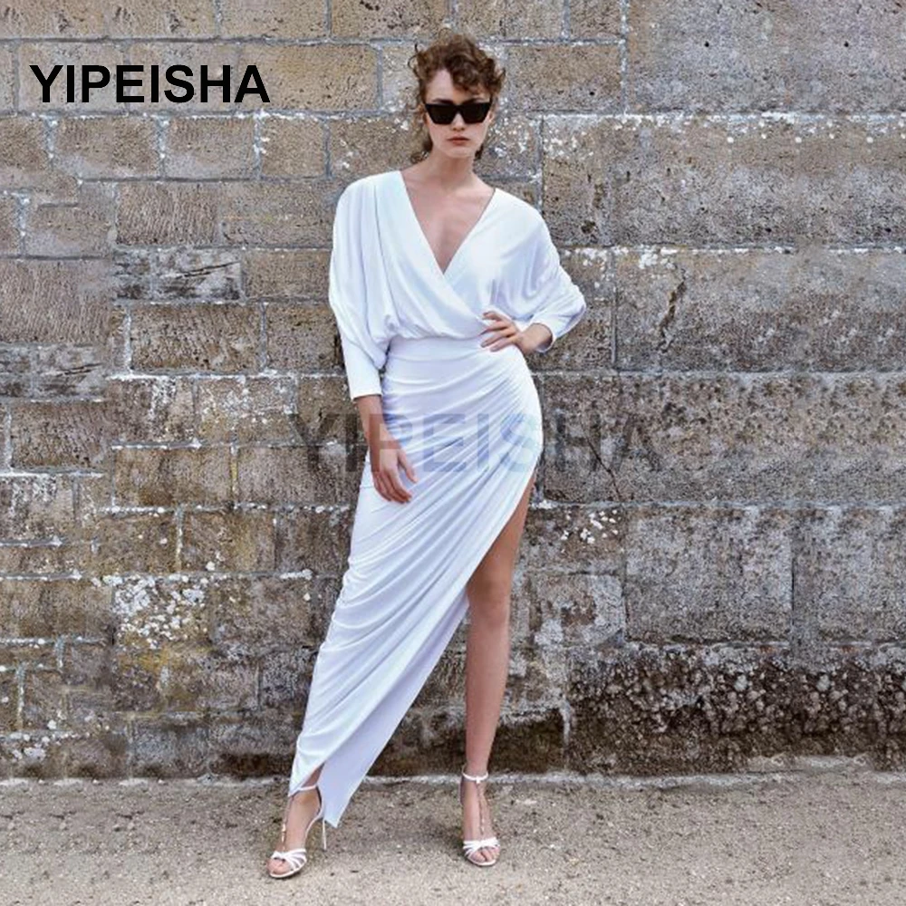 

На простом высоком Асимметричное Платье С Боковым Разрезом Вечернее платье с v-образным вырезом, с короткими рукавами, ботильоны-Длина Выхо...