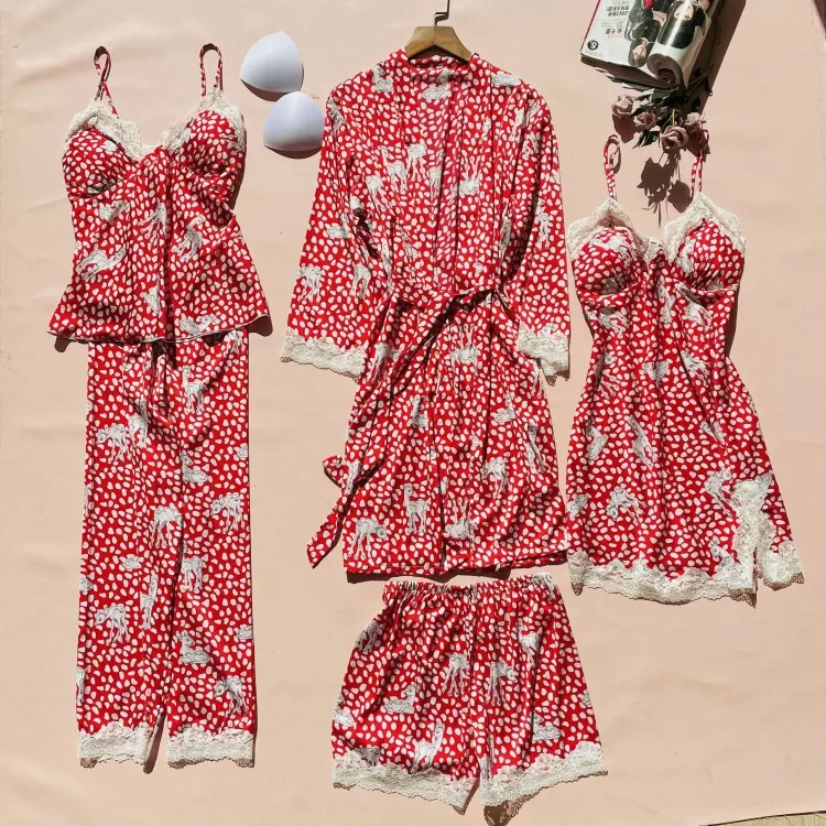

Spring Light Purple Woman Pijama Set 5PCS Sleepwear Sleep Suit Satin Kimono Strap Top&Pants Pijamas With Chest Pads Nightgown