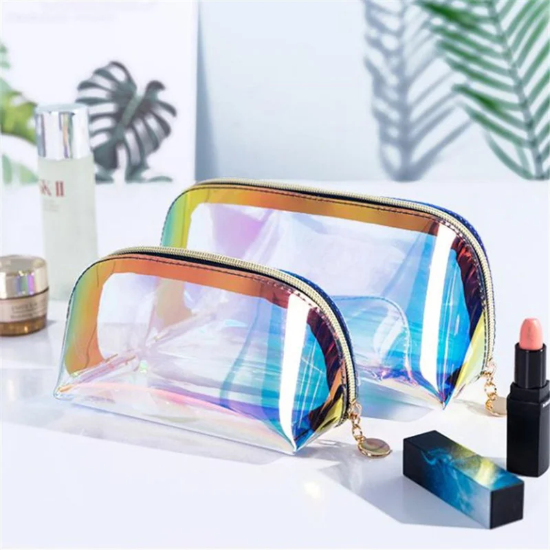 

Women Clear Semicircle Shape Cosmetic Bag For Women Waterproof PVC Colorful Laser Travel Makeup Pouches Toiletry Wash Bag