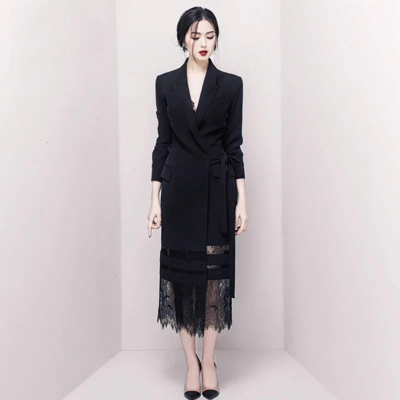 2020 Good Morning! Black Lady Of Quality Ol Commute Temperament False Twinset Lace Long Fund Suit Dress L309 | Женская одежда
