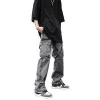 multi pocket strapped straight leg jeans mens loose fit retro washed worn trousers streetwear distressed cargo pants
