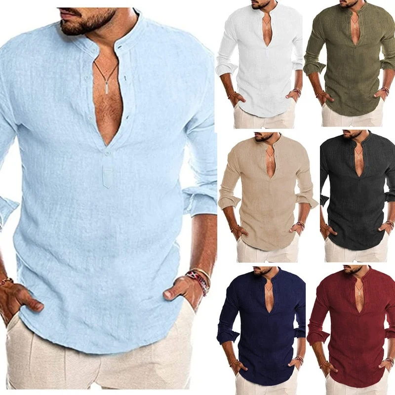 

ICCLEK 2021 Hot Style Shirt Summer Shirt V-neck Shirt Linen Shirt New Cardigan Stand-up Collar Long-sleeved Men's Shirt