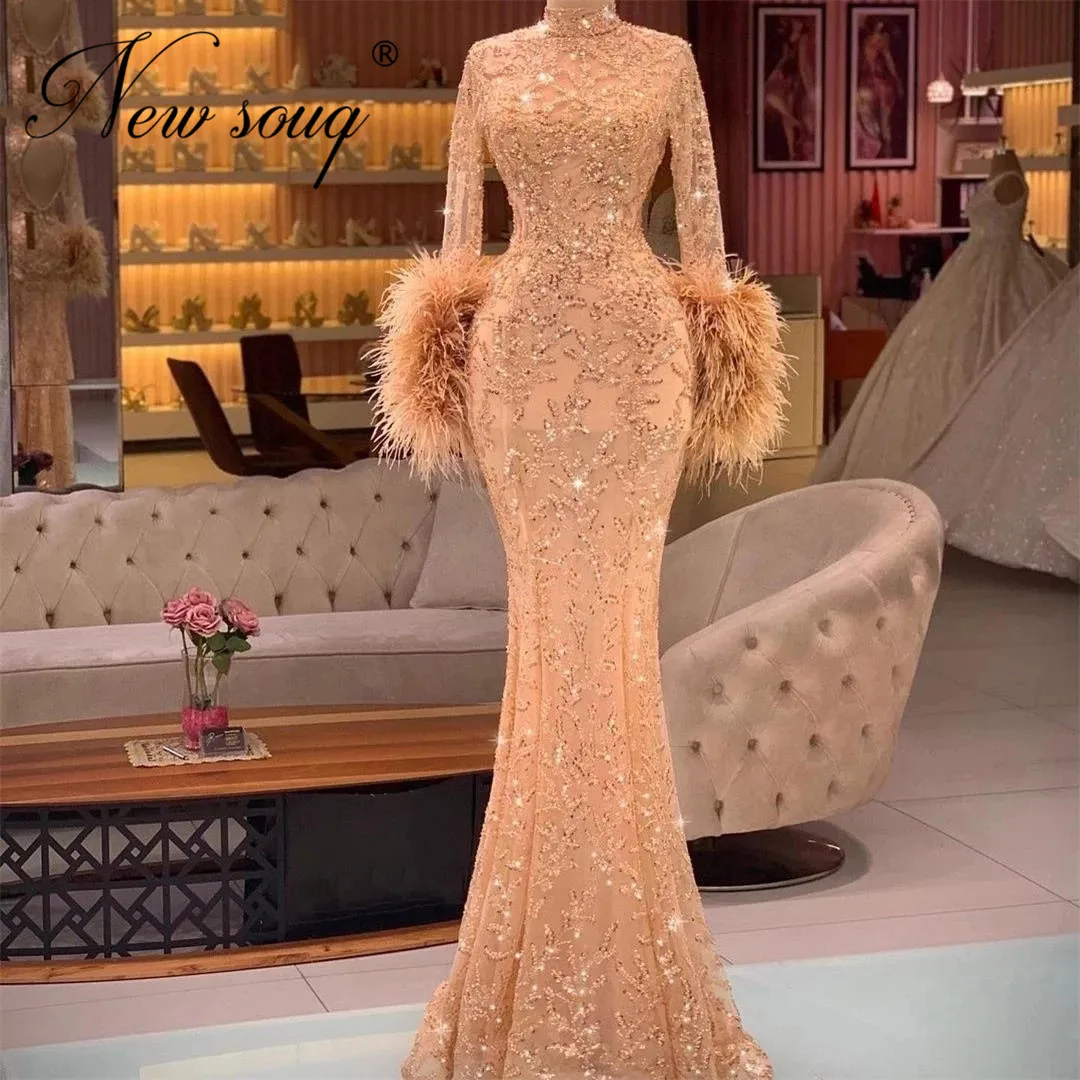 

Long Sleeves 2022 Beaded Evening Dresses For Women Robes Vestidos De Fiesta Middle East Feathers Prom Party Gowns Dubai Dress