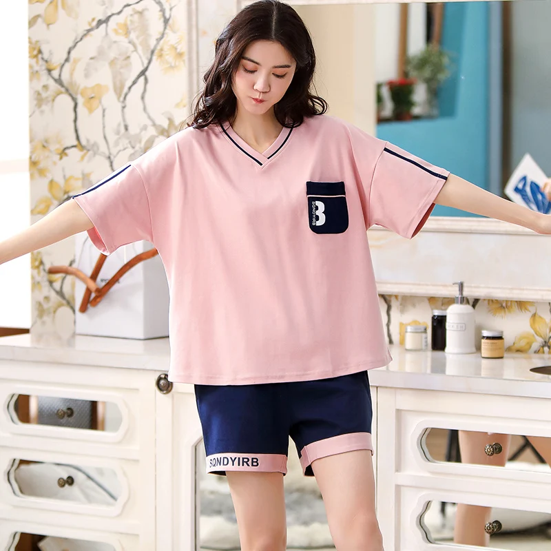 

Summer Female Plus Size Two Piece Sweet Cute Girls Home wear Simple Women Pink Casual Pajamas Set Short Sleeve V-neck Sleepwear