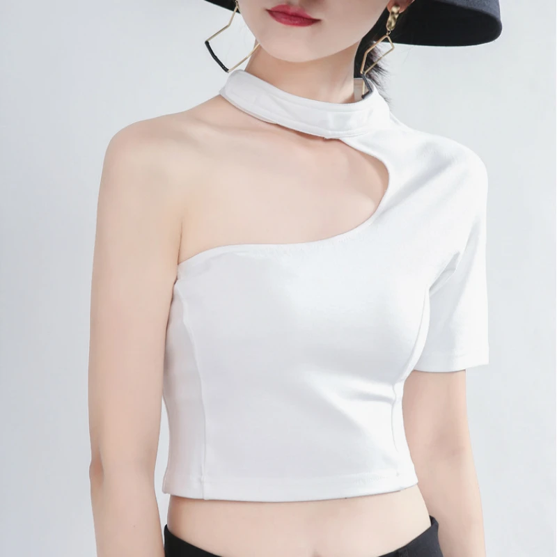 

Sexy Off Shoulder Crop Tops Summer 2020 Women Slim Casual Short Style T Shirt Hollow Out Paste Stand Collar Unilateral Sleeve