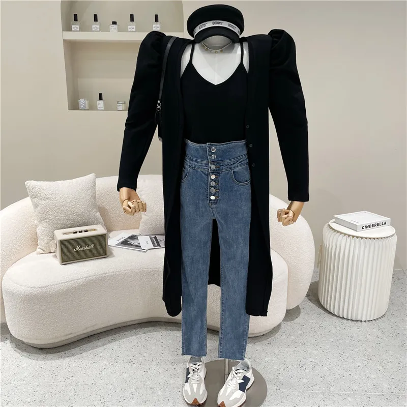 

Women's Spring Summer 2021 Niche Design Fashion Super Long Over Knee Puff Sleeve Cardigan + V-neck Suspender Vest Bottoming Top