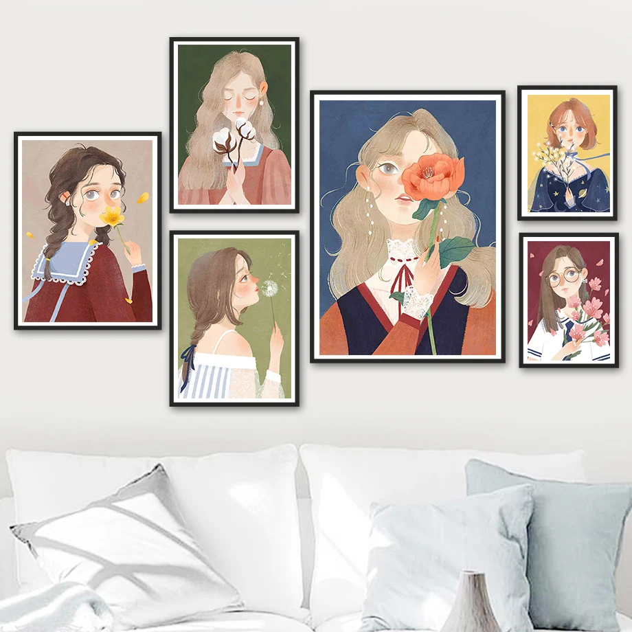 

Модная портретная Картина на холсте красивая девушка с цветами художественные плакаты Одуванчик настенные картины Скандинавская картина ...