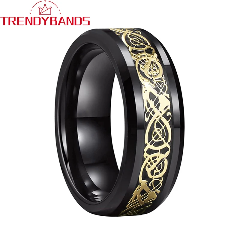 

Black 8mm Gold Dragon Carbon Fiber Inlay Tungsten Wedding Bands For Men Women Beveled Edges Polished Comfort Fit