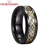 black 8mm gold dragon carbon fiber inlay tungsten wedding bands for men women beveled edges polished comfort fit