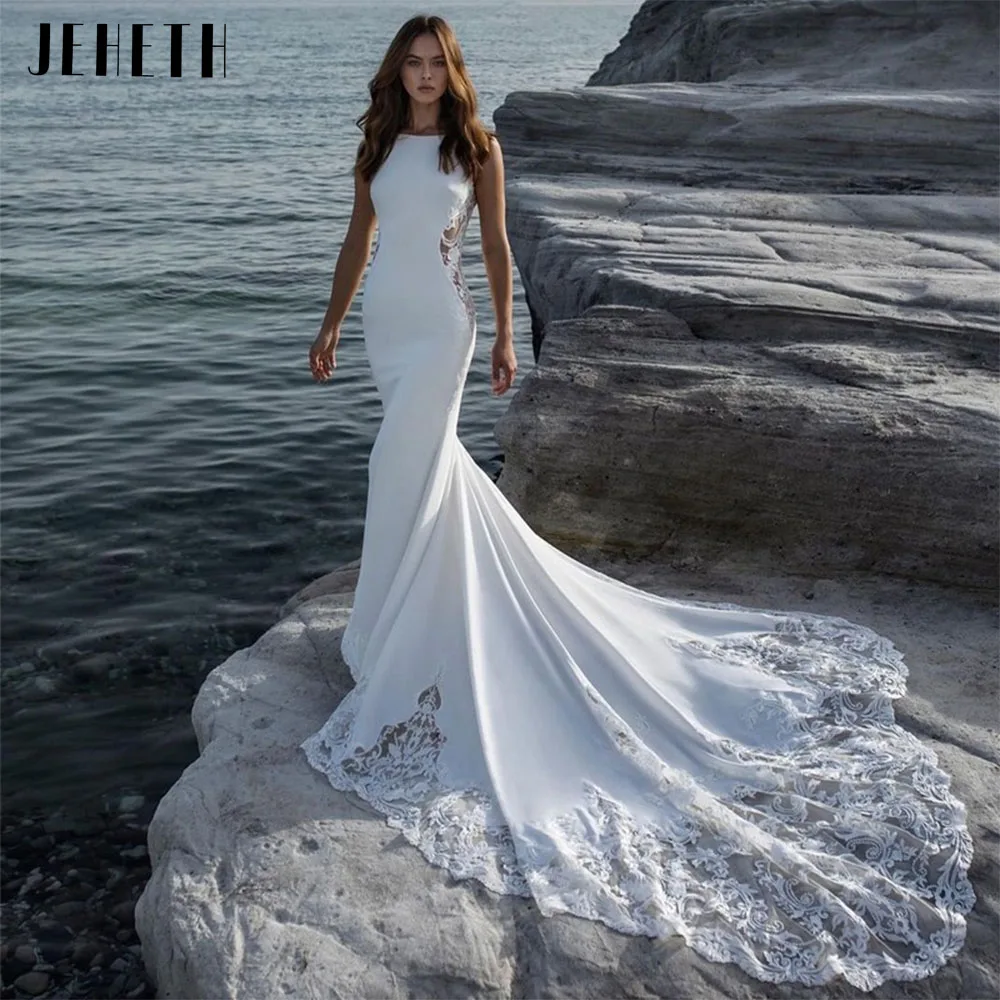 

JEHETH Backless Satin Simple Wedding Dresses Mermaid for Women 2022 Sleeveless Lace Ccoop Neck Bridal Dress vestidos de novia