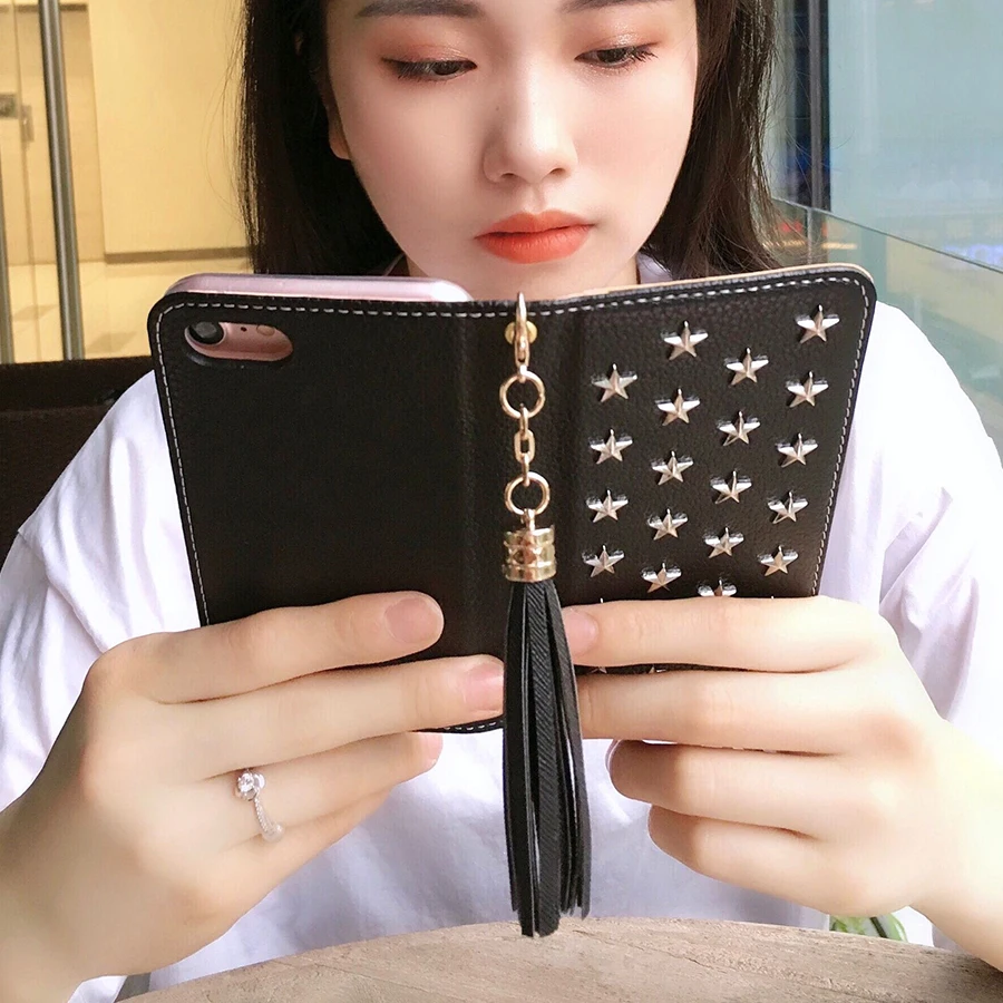 Роскошный чехол-книжка с откидной крышкой для iPhone 11 Pro Xs MAX XR 8 7 6 6s Plus, зеркальный кожаный чехол-кошелек ручной работы с заклепками и звездами с кисточками