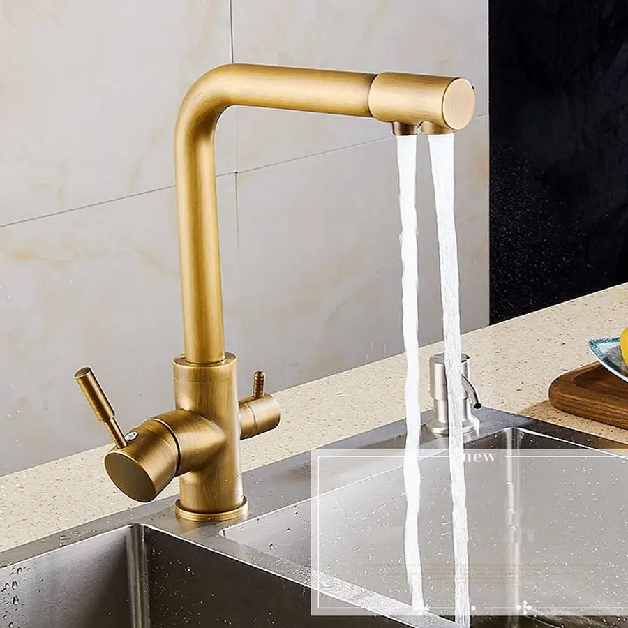 

Черный/античный латунный кухонный смеситель с двойной ручкой и фильтрованной водой, настенный смеситель питьевой воды