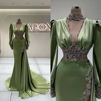 mint green mermaid split prom dresses high neck long sleeve beaded luxury formal evening gowns for arabic women vestidos