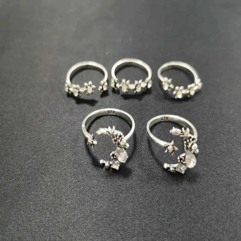 

Ofertas 5Pcs/Set Ancient Silver Color Flower Moon Water Drop Crystal Zirconia Zinc Alloy Female Ring for Women Party Jewelry