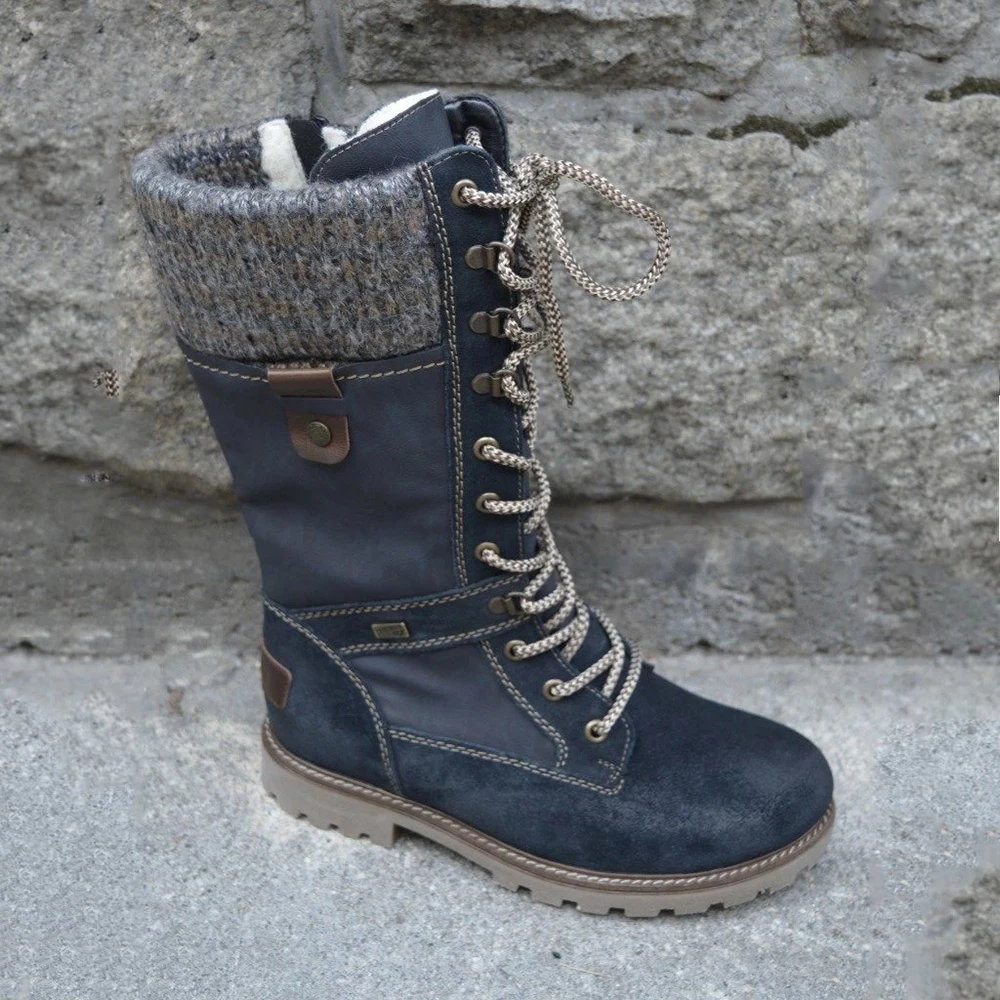 Puimentiua Winter Shoes Women Boots Basic Mid-Calf Boots Round Toe Zip Platform Decor Female Shoes Warm Lace Up Boots Shoes